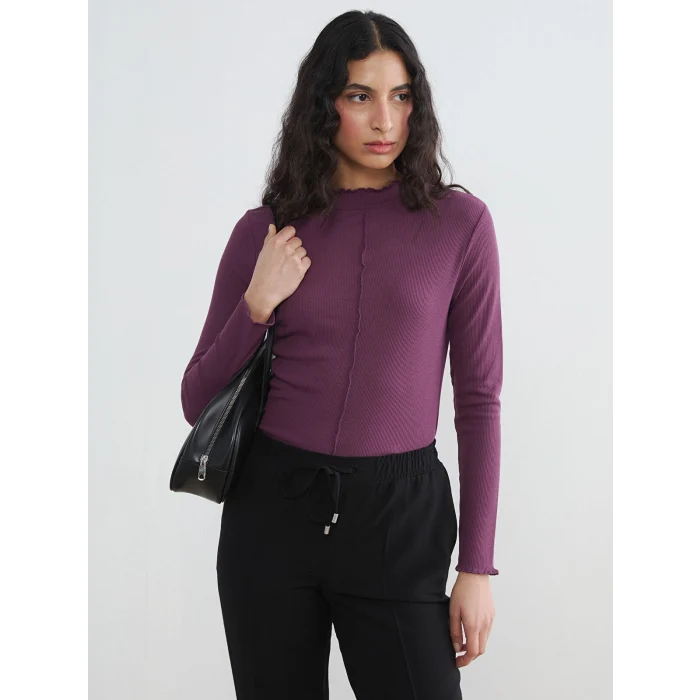 LCW Modest Mürdüm Fırfırlı Dik Yaka Kadın Body