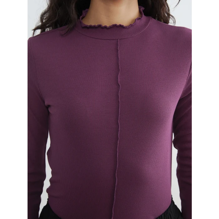 LCW Modest Mürdüm Fırfırlı Dik Yaka Kadın Body