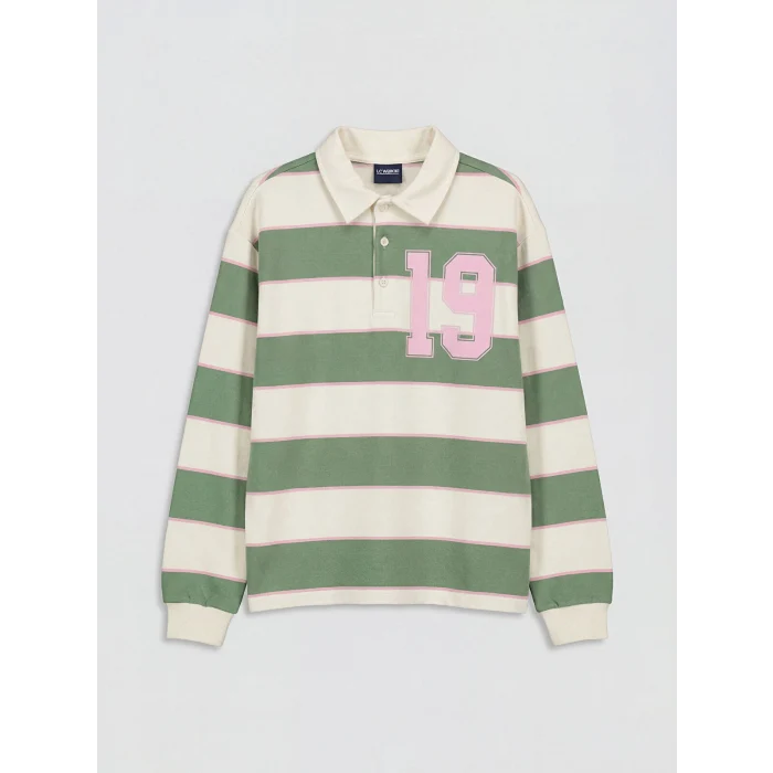 LCW Kids Yeşil Polo Yaka Çizgili Kız Çocuk Tişört