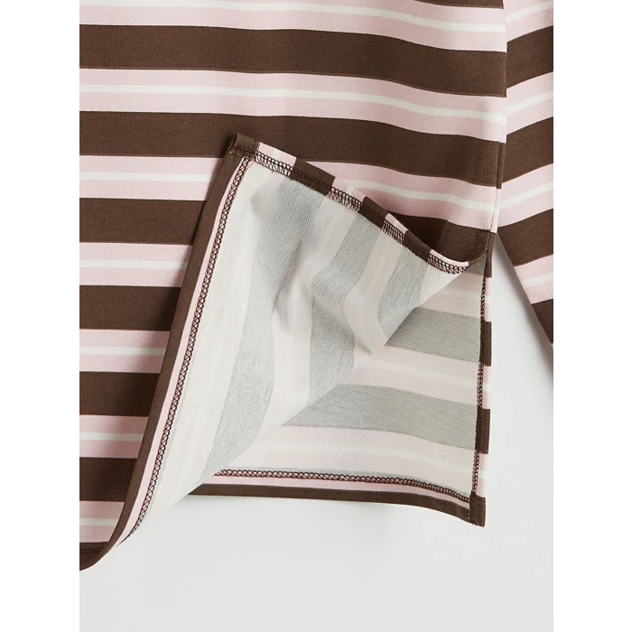 LCW Modest Kahverengi Polo Yaka Çizgili Kadın Sweatshirt Tunik