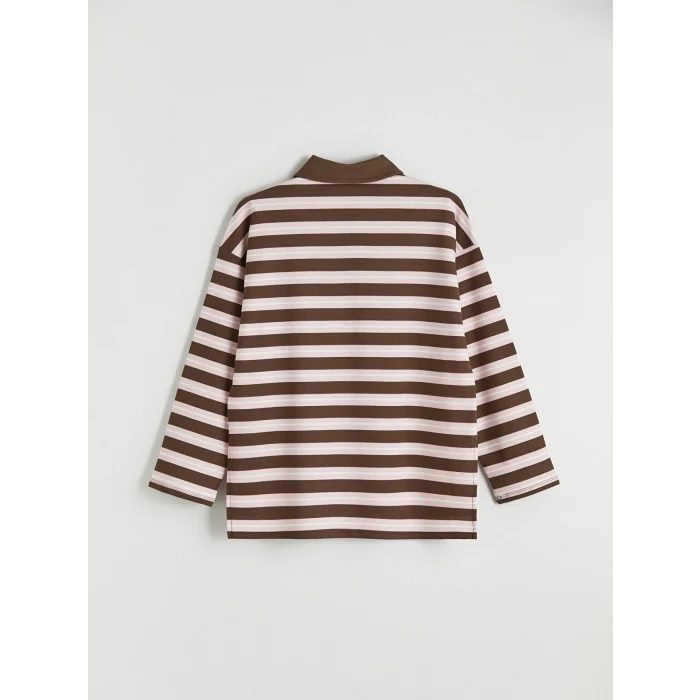 LCW Modest Kahverengi Polo Yaka Çizgili Kadın Sweatshirt Tunik