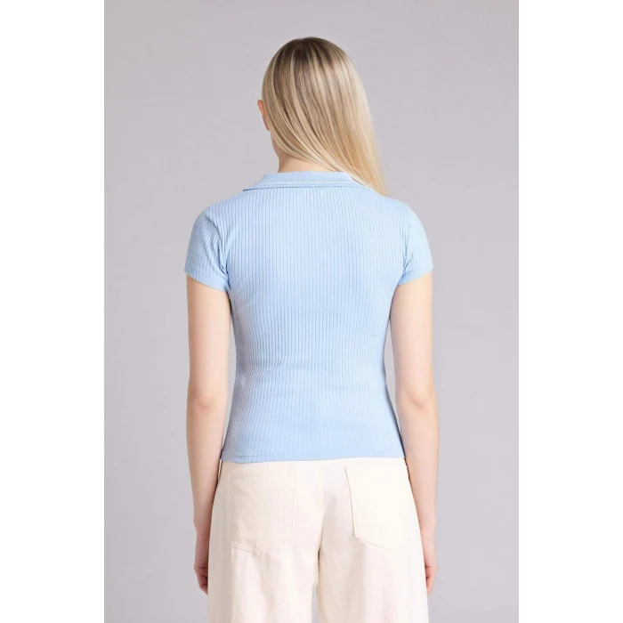 Defacto G8735AXBE415 Mavi Kadınlar Günü Slım Fıt Kaçık Yaka Basıc Düz Fitilli Kaşkorse Kısa Kollu Polo Tişört