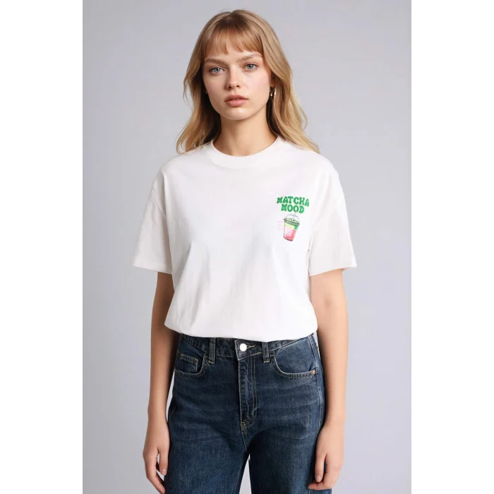 Defacto G2509AXWT32 Beyaz Oversıze Bisiklet Yaka Baskılı Kısa Kollu Tişört