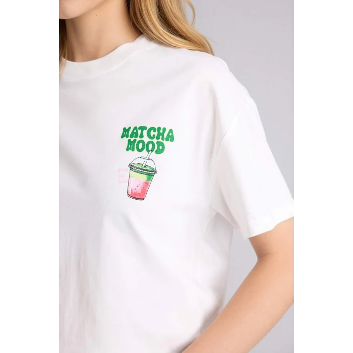 Defacto G2509AXWT32 Beyaz Oversıze Bisiklet Yaka Baskılı Kısa Kollu Tişört