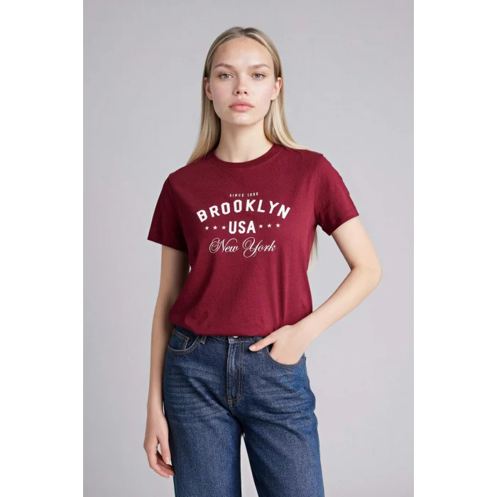 Defacto H1409AXBR115 Bordo Regular Fıt Baskılı Penye Tişört