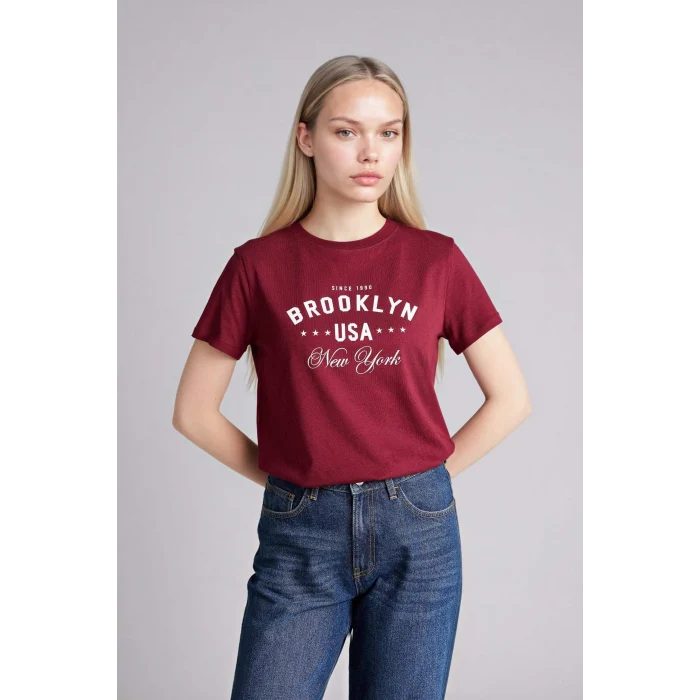 Defacto H1409AXBR115 Bordo Regular Fıt Baskılı Penye Tişört