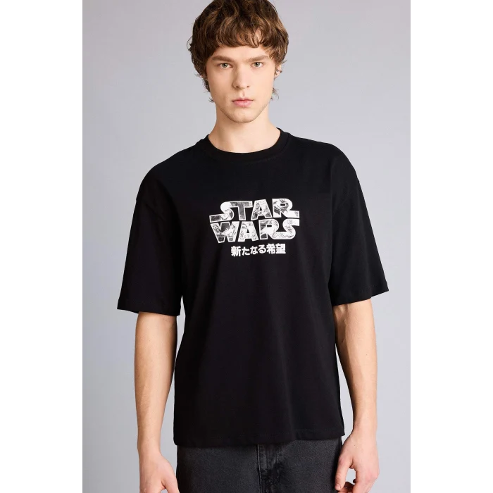 Defacto H0250AXBK81 Siyah Star Wars Boxy Fıt Baskılı Tişört