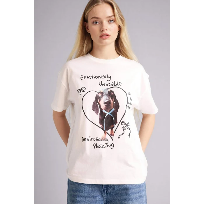 Defacto G9624AXWT32 Beyaz Oversıze Baskılı Tişört