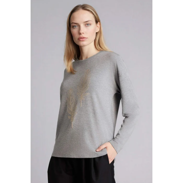 Defacto H1203AXAR53 Antrasit Relax Fıt Bisiklet Yaka Taş Baskılı Uzun Kollu Tişört