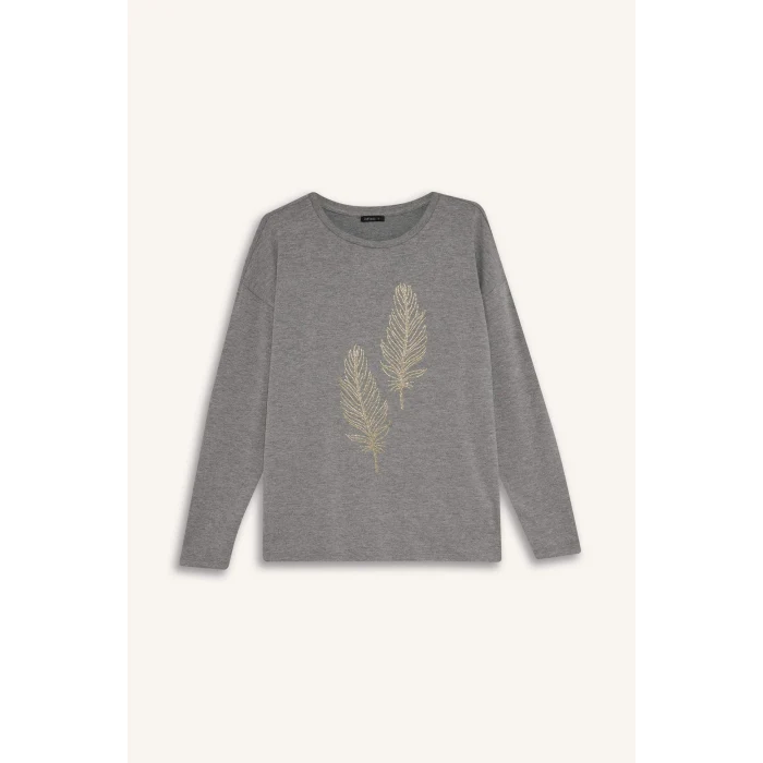 Defacto H1203AXAR53 Antrasit Relax Fıt Bisiklet Yaka Taş Baskılı Uzun Kollu Tişört