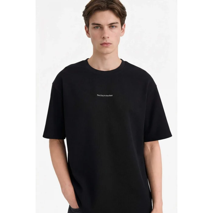 Defacto D5871AXBK81 Siyah Boxy Fıt Baskılı Tişört