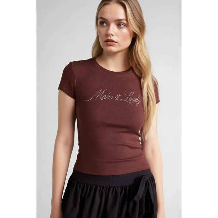 Defacto G9622AXBN320 Kahve Fıtted Baskılı Ribana Tişört