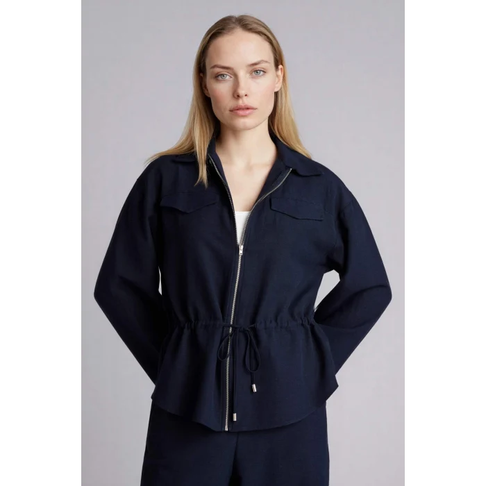 Defacto G8962AXNV253 Lacivert Relax Fıt Keten Karışımlı Fermuarlı Gömlek