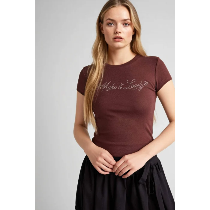 Defacto G9622AXBN320 Kahve Fıtted Baskılı Ribana Tişört