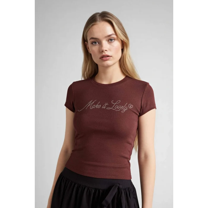 Defacto G9622AXBN320 Kahve Fıtted Baskılı Ribana Tişört