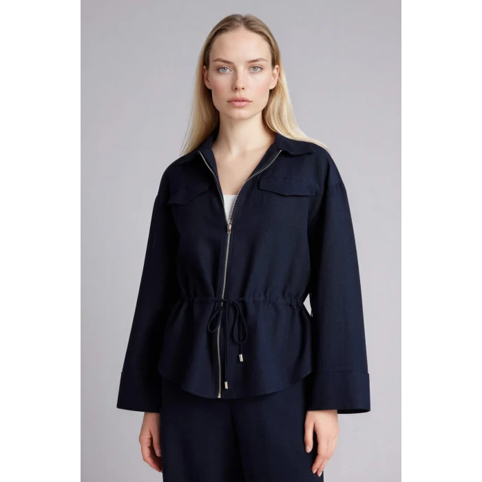 Defacto G8962AXNV253 Lacivert Relax Fıt Keten Karışımlı Fermuarlı Gömlek