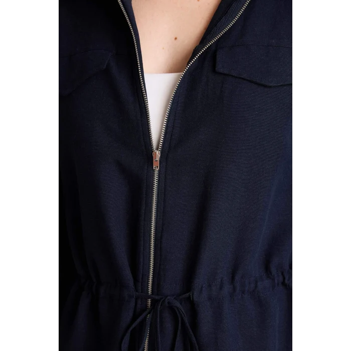 Defacto G8962AXNV253 Lacivert Relax Fıt Keten Karışımlı Fermuarlı Gömlek