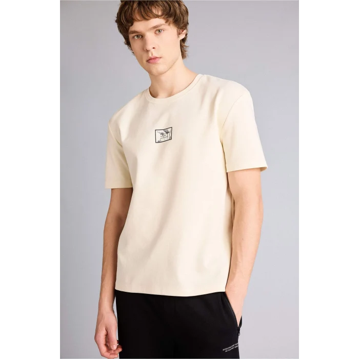 Defacto G3216AXER235 Ekru Baskılı Kısa Kollu Tişört