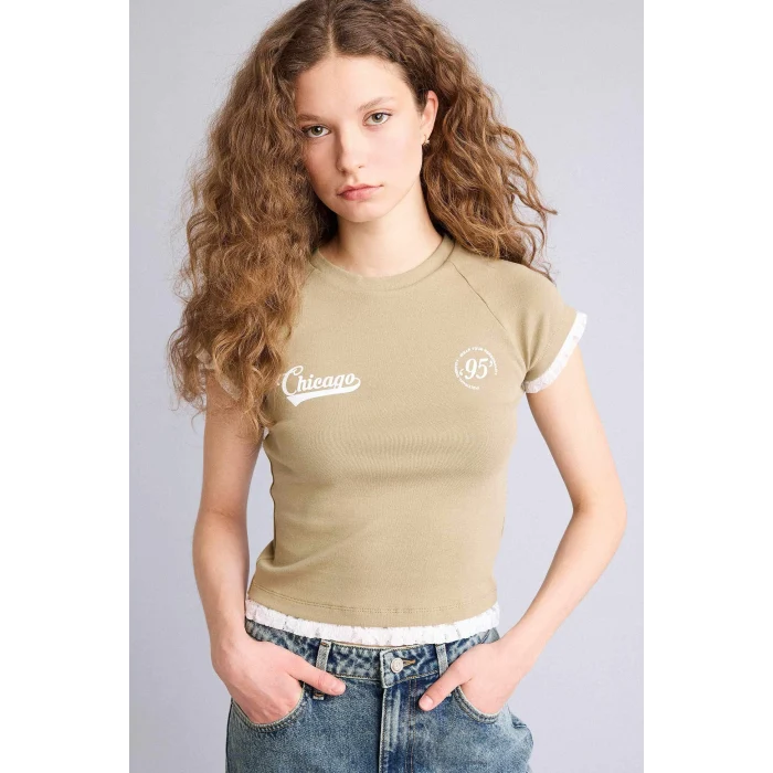 Defacto H1099AXKH459 Haki Fıtted Baskılı Ribana Tişört