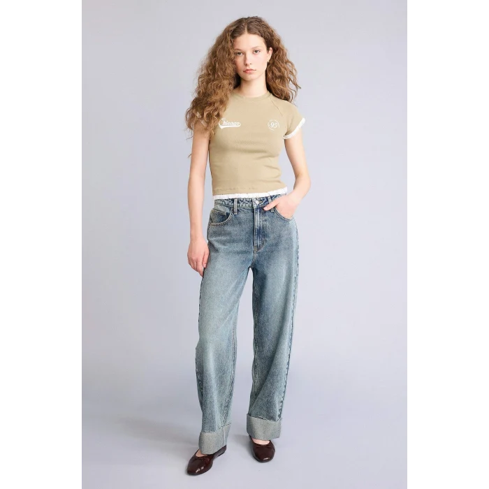 Defacto H1099AXKH459 Haki Fıtted Baskılı Ribana Tişört