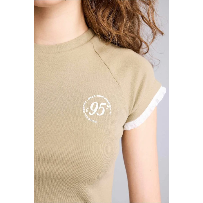 Defacto H1099AXKH459 Haki Fıtted Baskılı Ribana Tişört