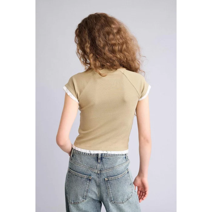 Defacto H1099AXKH459 Haki Fıtted Baskılı Ribana Tişört