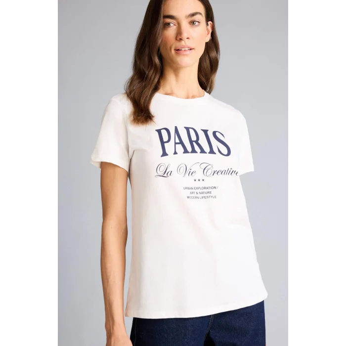 Defacto H1410AXER105 Ekru Regular Fıt Baskılı Penye Tişört