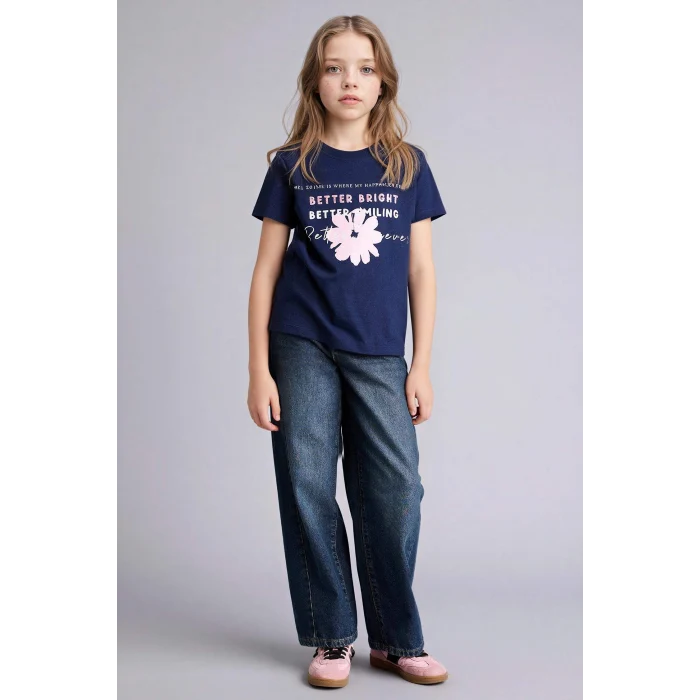 Defacto G1764A8NV248 Lacivert Baskılı Tişört Kız Çocuk