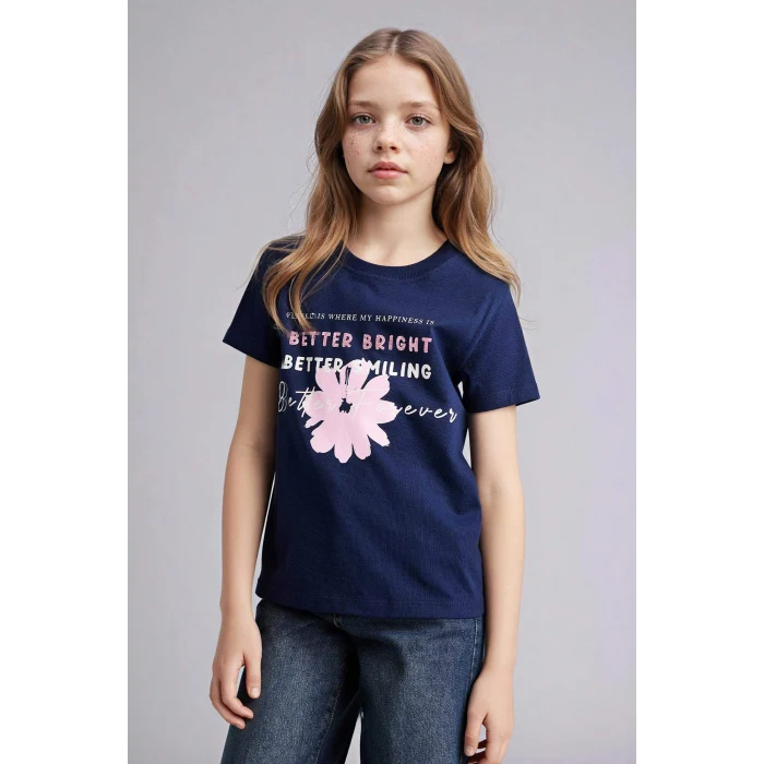 Defacto G1764A8NV248 Lacivert Baskılı Tişört Kız Çocuk