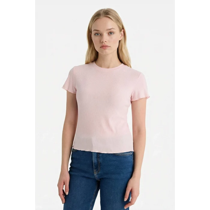 Defacto K7064AZPN38 Pembe Fıtted Bisiklet Yaka Fitilli Kaşkorse Kısa Kollu Tişört