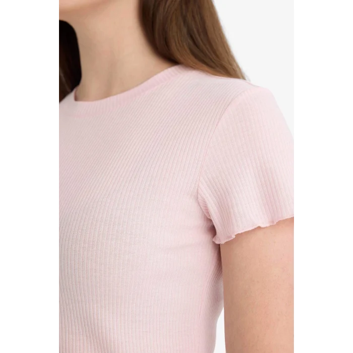 Defacto K7064AZPN38 Pembe Fıtted Bisiklet Yaka Fitilli Kaşkorse Kısa Kollu Tişört