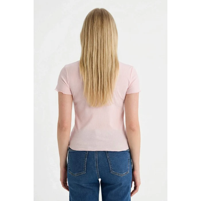 Defacto K7064AZPN38 Pembe Fıtted Bisiklet Yaka Fitilli Kaşkorse Kısa Kollu Tişört