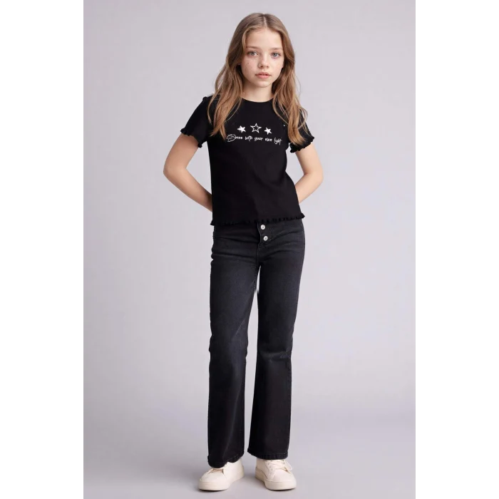 Defacto B6689A8BK81 Siyah Slım Fıt Desenli Fitilli Kaşkorse Tişört Kız Çocuk