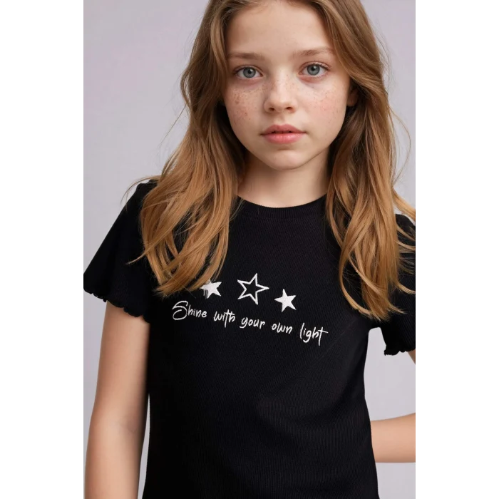 Defacto B6689A8BK81 Siyah Slım Fıt Desenli Fitilli Kaşkorse Tişört Kız Çocuk