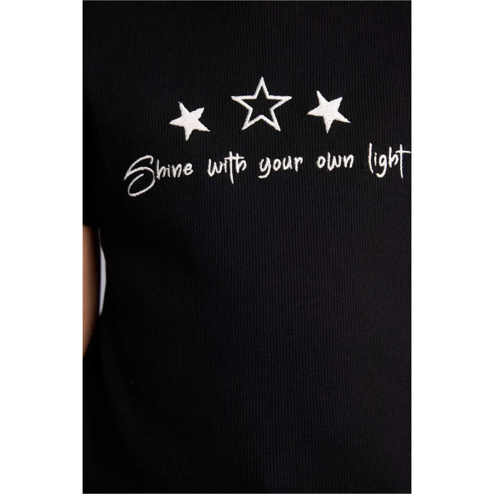 Defacto B6689A8BK81 Siyah Slım Fıt Desenli Fitilli Kaşkorse Tişört Kız Çocuk