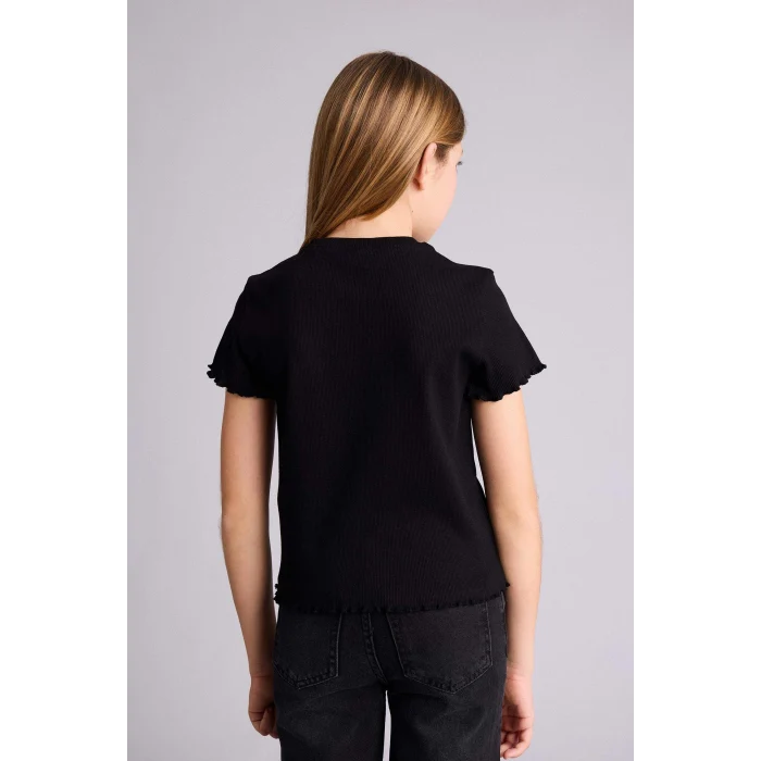 Defacto B6689A8BK81 Siyah Slım Fıt Desenli Fitilli Kaşkorse Tişört Kız Çocuk