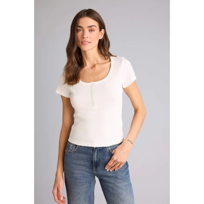 Defacto H2034AXER105 Ekru Regular Fıt Basıc Fitilli Kaşkorse Tişört