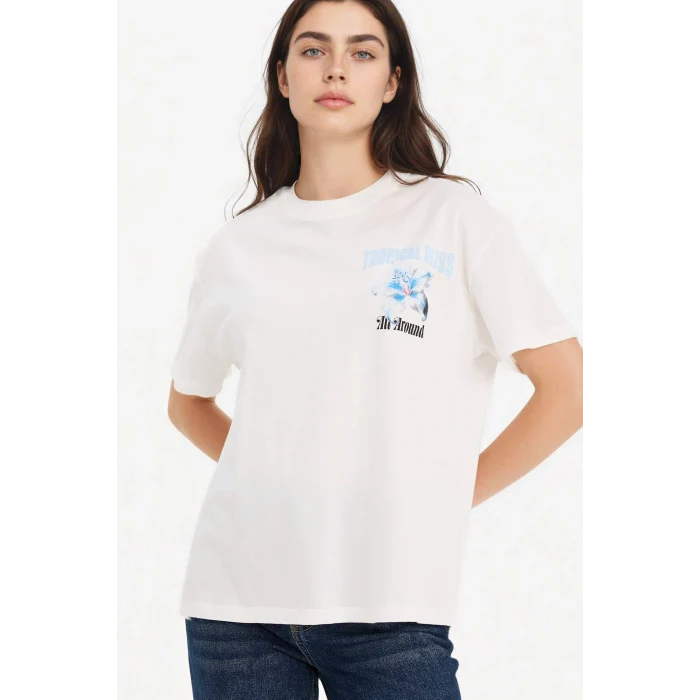 Defacto G5910AXWT32 Beyaz Oversıze Bisiklet Yaka Baskılı Kısa Kollu Tişört