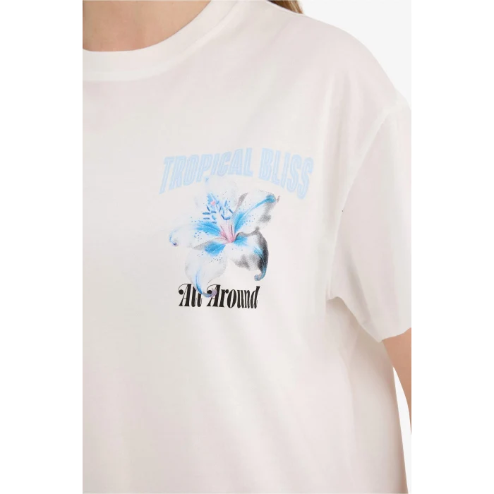 Defacto G5910AXWT32 Beyaz Oversıze Bisiklet Yaka Baskılı Kısa Kollu Tişört