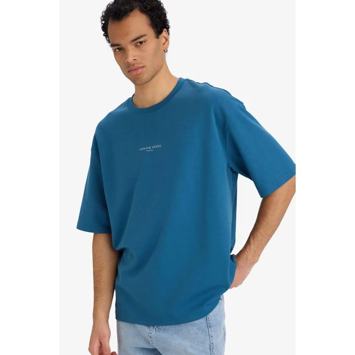 Defacto F9684AXIN194 İndigo Nefes Alabilen Boxy Fit Tişört