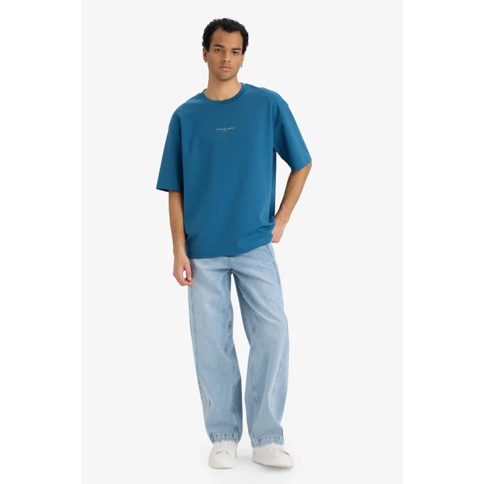 Defacto F9684AXIN194 İndigo Nefes Alabilen Boxy Fit Tişört