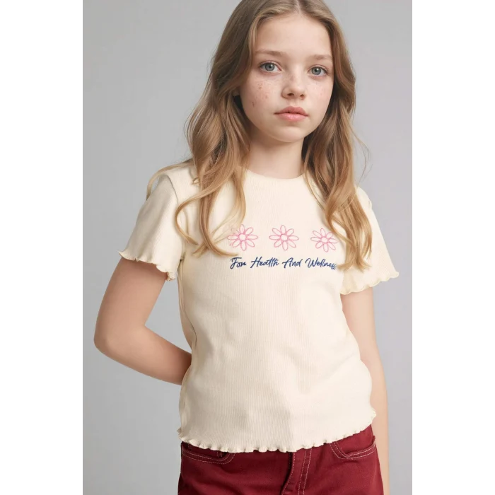 Defacto B6689A8ER98 Ekru Slım Fıt Desenli Fitilli Kaşkorse Tişört Kız Çocuk
