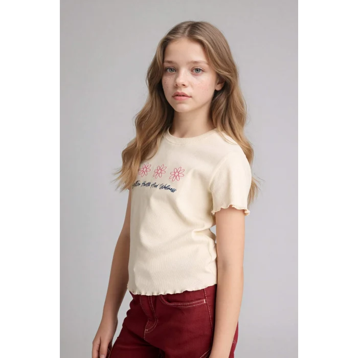 Defacto B6689A8ER98 Ekru Slım Fıt Desenli Fitilli Kaşkorse Tişört Kız Çocuk