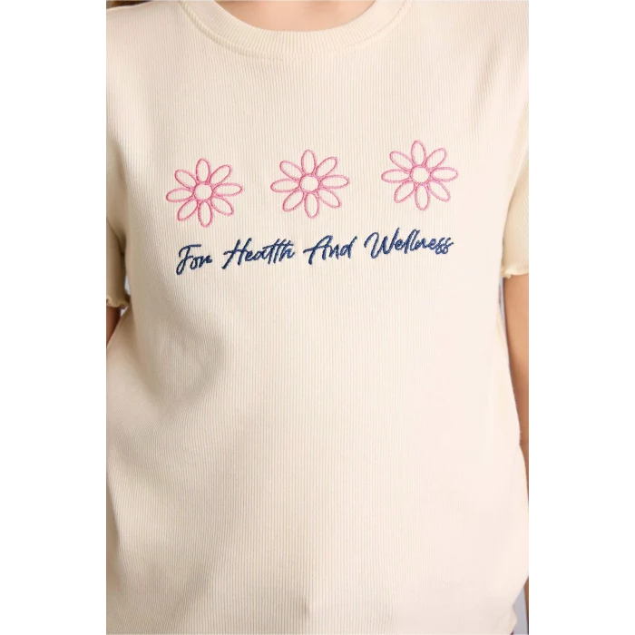 Defacto B6689A8ER98 Ekru Slım Fıt Desenli Fitilli Kaşkorse Tişört Kız Çocuk