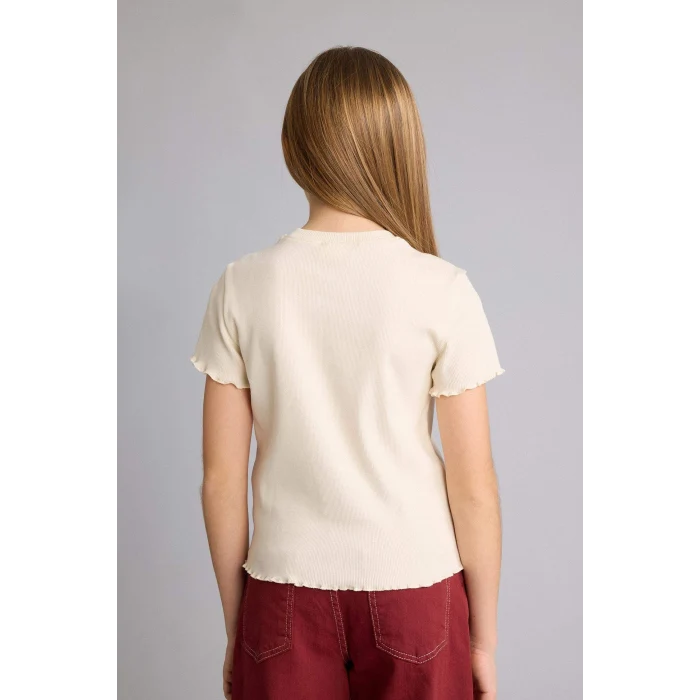 Defacto B6689A8ER98 Ekru Slım Fıt Desenli Fitilli Kaşkorse Tişört Kız Çocuk