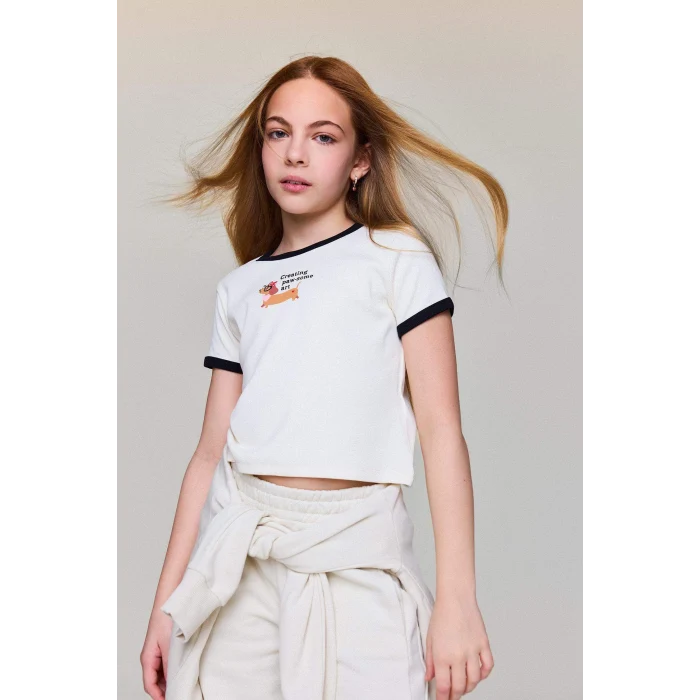 Defacto D8542A8ER98 Ekru Slım Fıt Baskılı Fitilli Kaşkorse Tişört Kız Çocuk