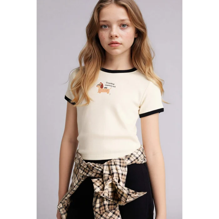 Defacto D8542A8ER98 Ekru Slım Fıt Baskılı Fitilli Kaşkorse Tişört Kız Çocuk
