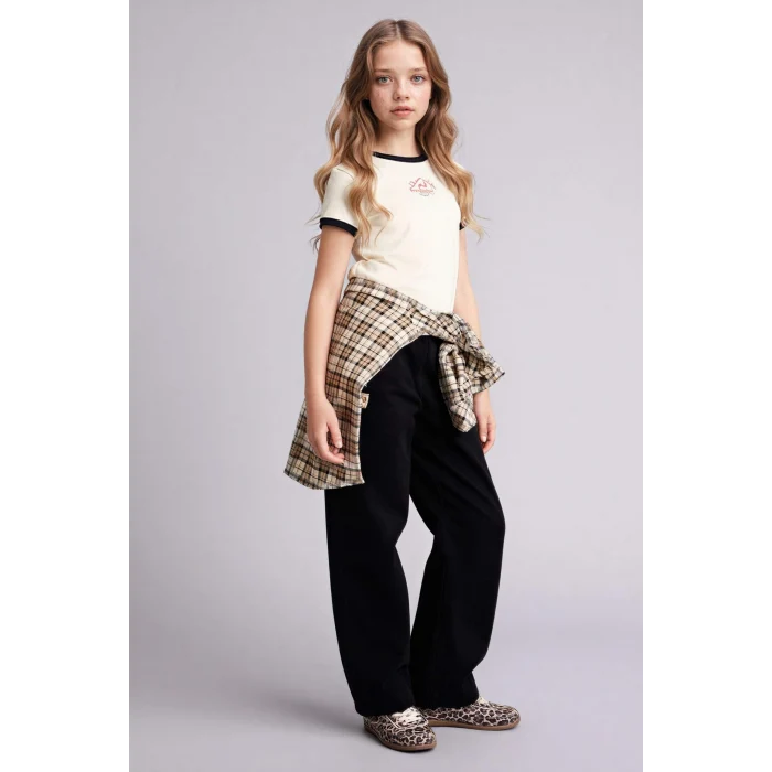 Defacto D8542A8ER98 Ekru Slım Fıt Baskılı Fitilli Kaşkorse Tişört Kız Çocuk