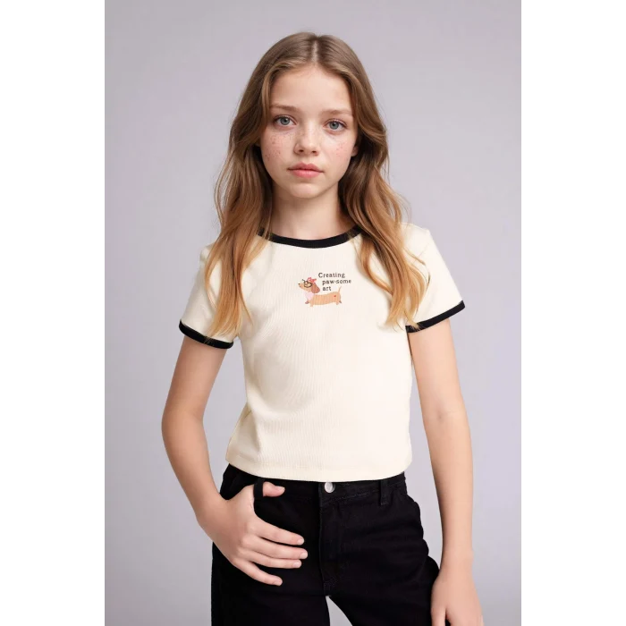 Defacto D8542A8ER98 Ekru Slım Fıt Baskılı Fitilli Kaşkorse Tişört Kız Çocuk