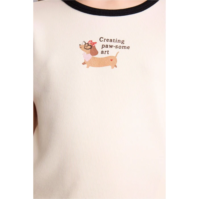 Defacto D8542A8ER98 Ekru Slım Fıt Baskılı Fitilli Kaşkorse Tişört Kız Çocuk